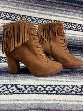 Cato Faux-Leather-Suede Fringe Brown Lace-Up Block Heel Ankle Boots Booties 11